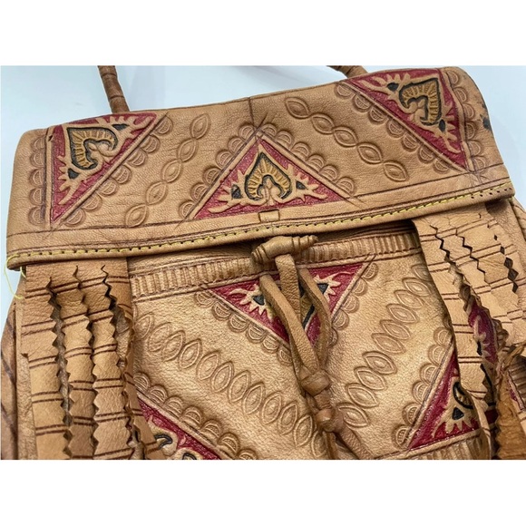 Hippie Boho Y2K Shoulder Bag Purse Fringe Brown Leather Hand Made Painted - Picture 3 of 8